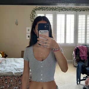 Gray Ribbed Button-Up Crop Top